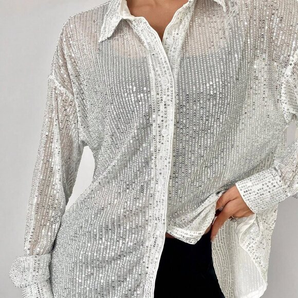 Silver Party Women's Oversized Sequin Blouse - Picture 3 of 5